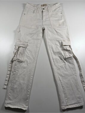 Jen Glam Straight-Leg White Cargo Jeans with Side Straps